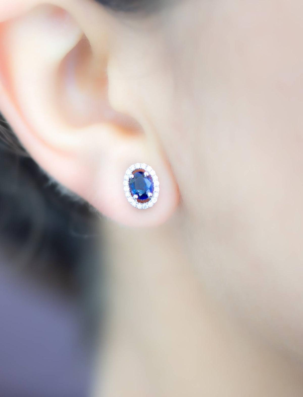 Sapphire & Diamond Halo Stud Earrings in 18K White Gold