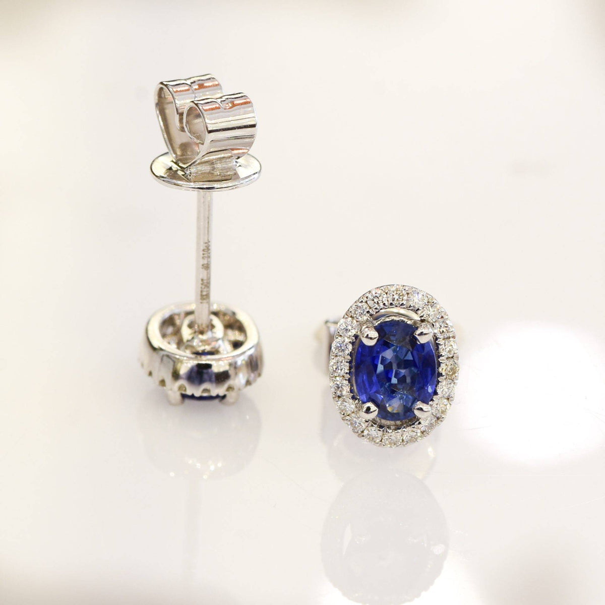 Sapphire & Diamond Halo Stud Earrings in 18K White Gold