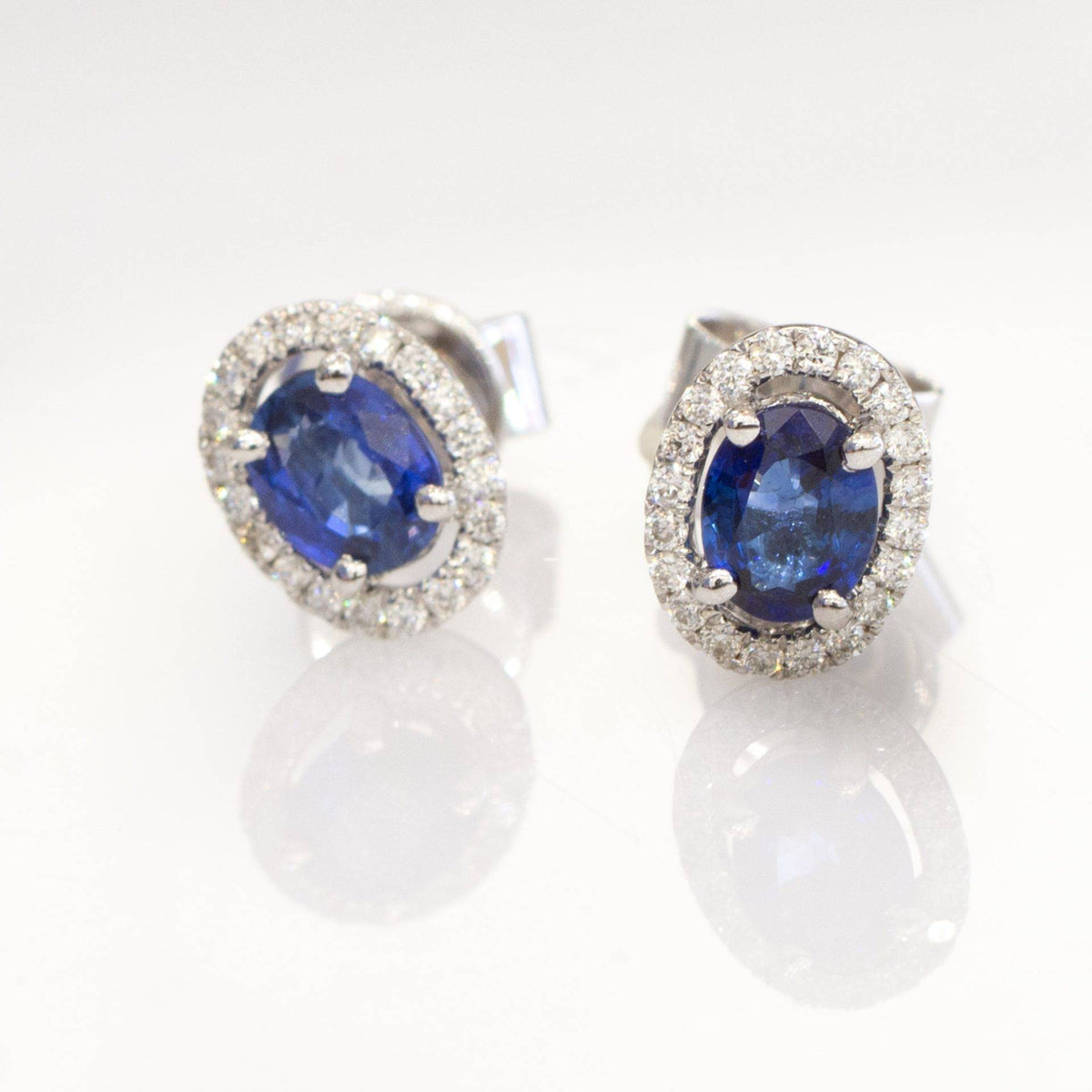 Sapphire & Diamond Halo Stud Earrings in 18K White Gold