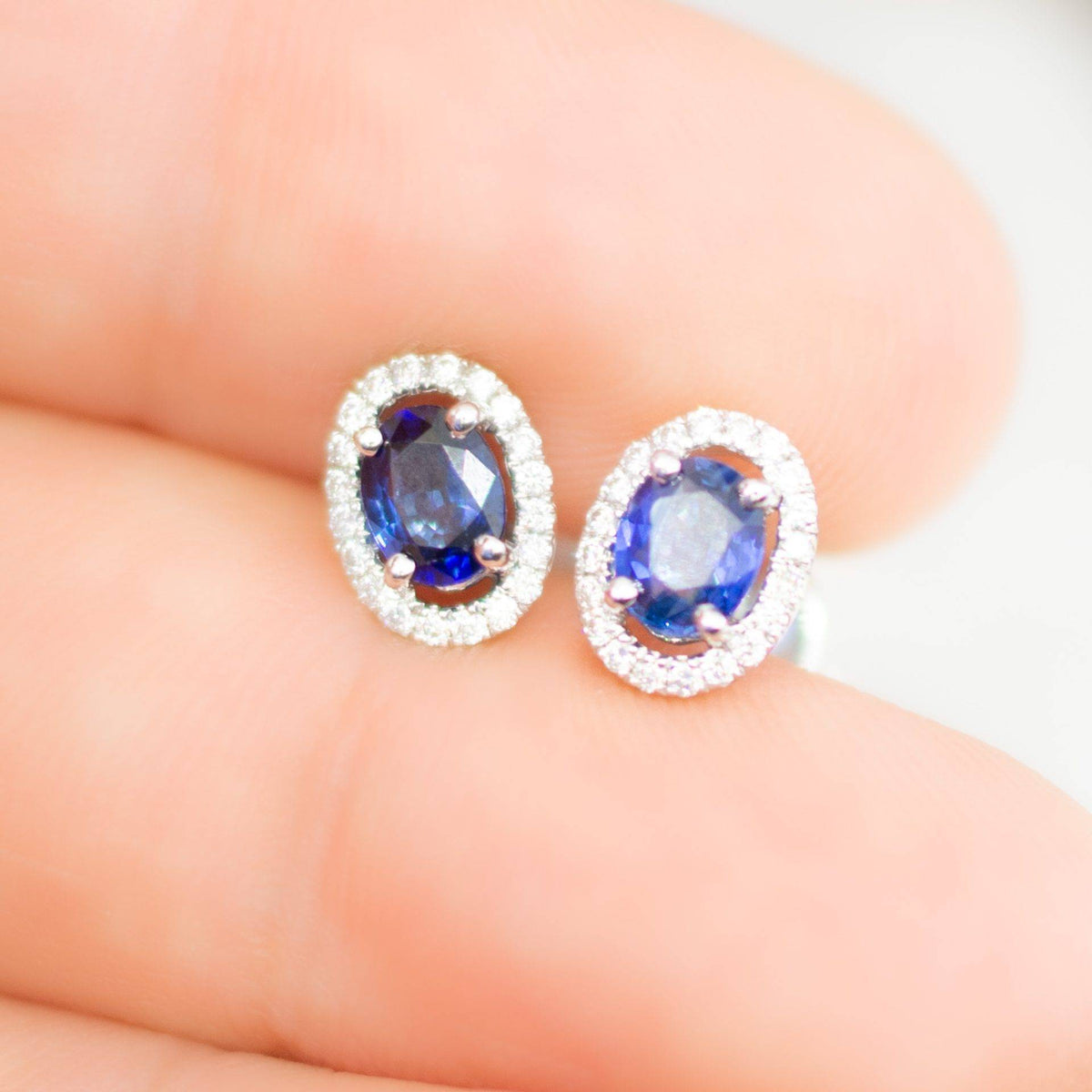 Sapphire & Diamond Halo Stud Earrings in 18K White Gold