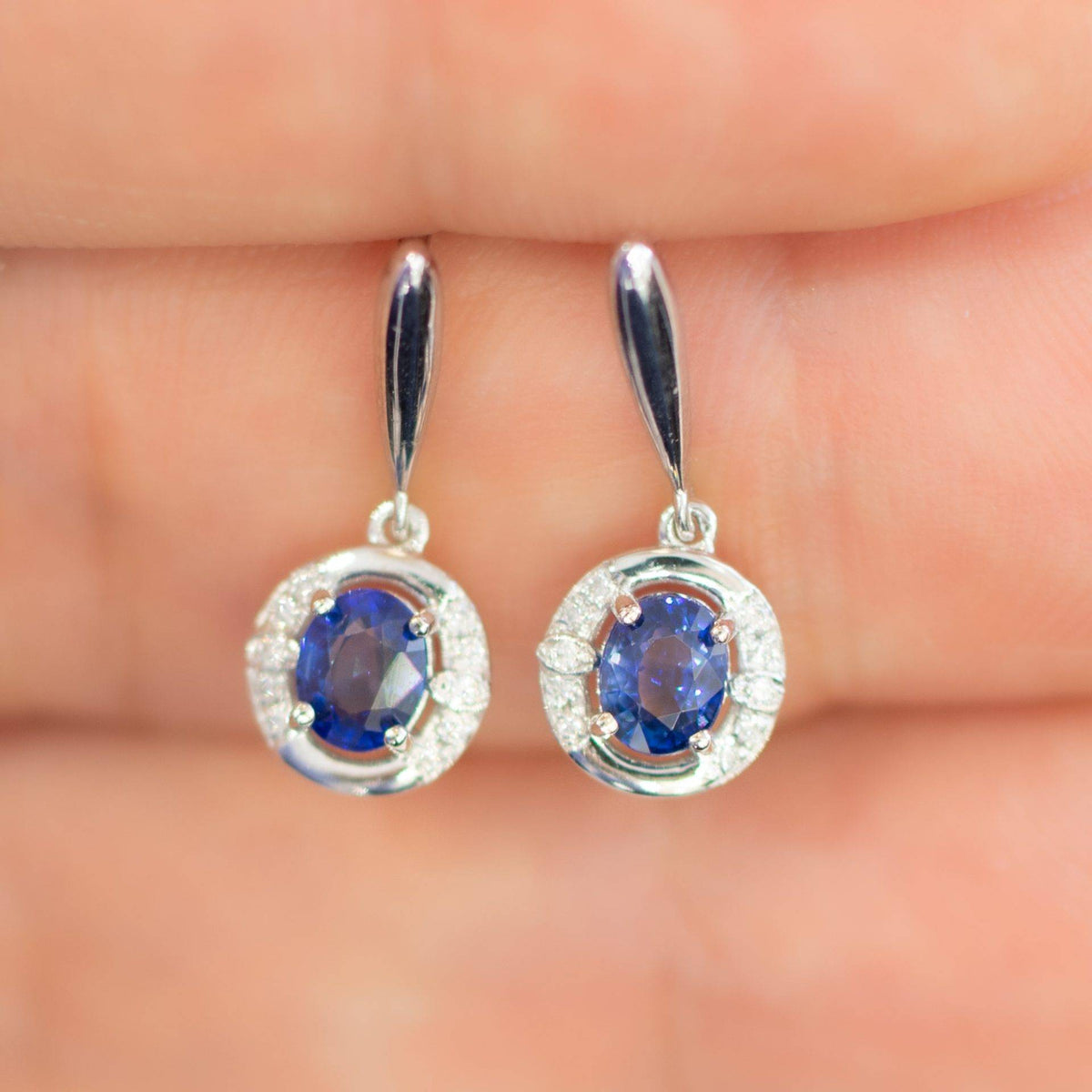 Natural Blue Sapphire and Diamond Drop Earrings in 18K Gold