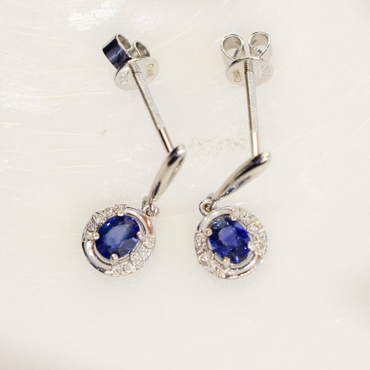 Natural Blue Sapphire and Diamond Drop Earrings in 18K Gold