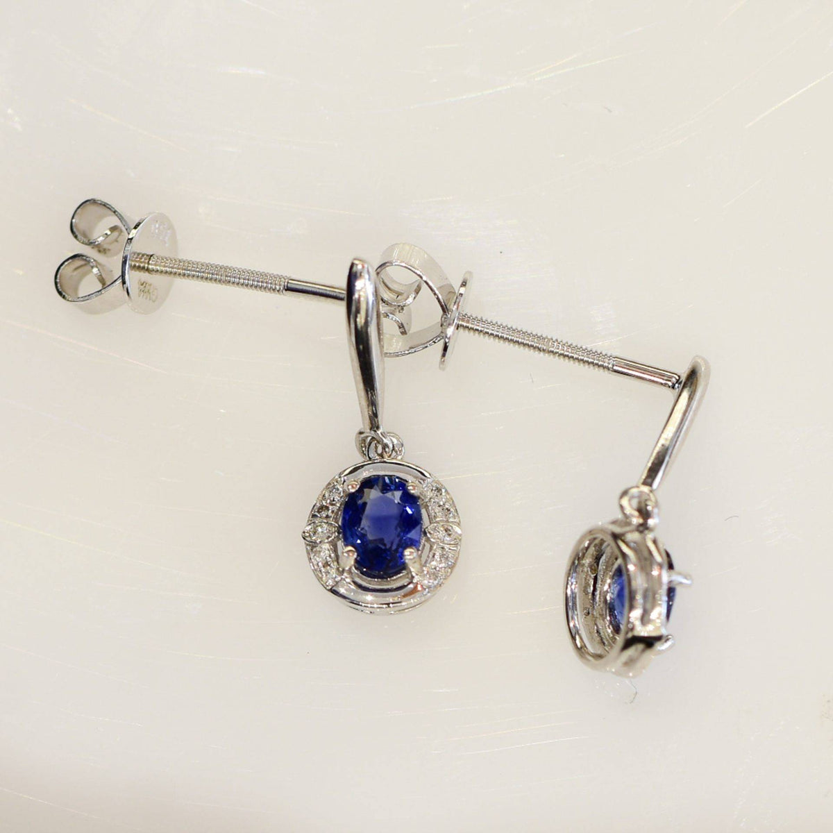 Natural Blue Sapphire and Diamond Drop Earrings in 18K Gold