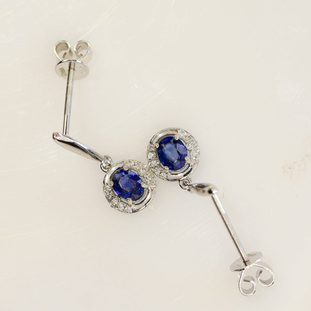 Natural Blue Sapphire and Diamond Drop Earrings in 18K Gold