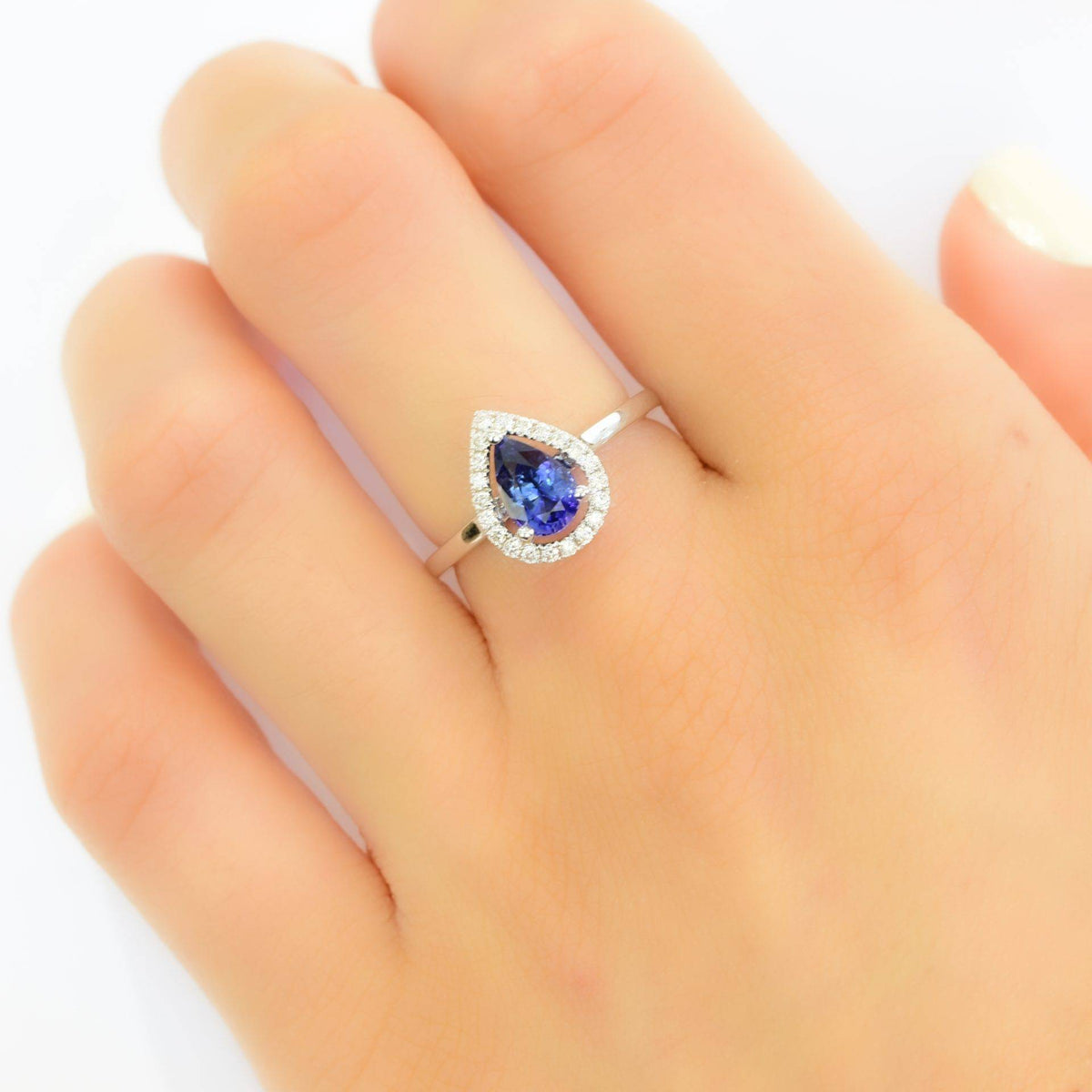 Pear Cut Natural Unheated Sapphire & Diamond Halo Ring 18K Gold