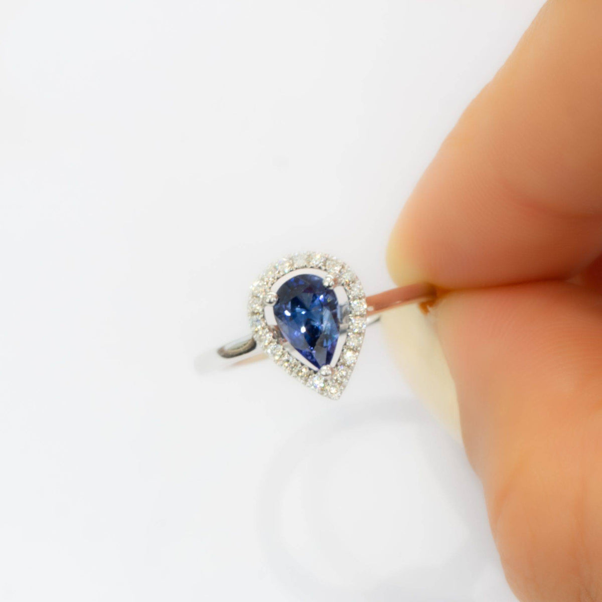 Pear Cut Natural Unheated Sapphire & Diamond Halo Ring 18K Gold