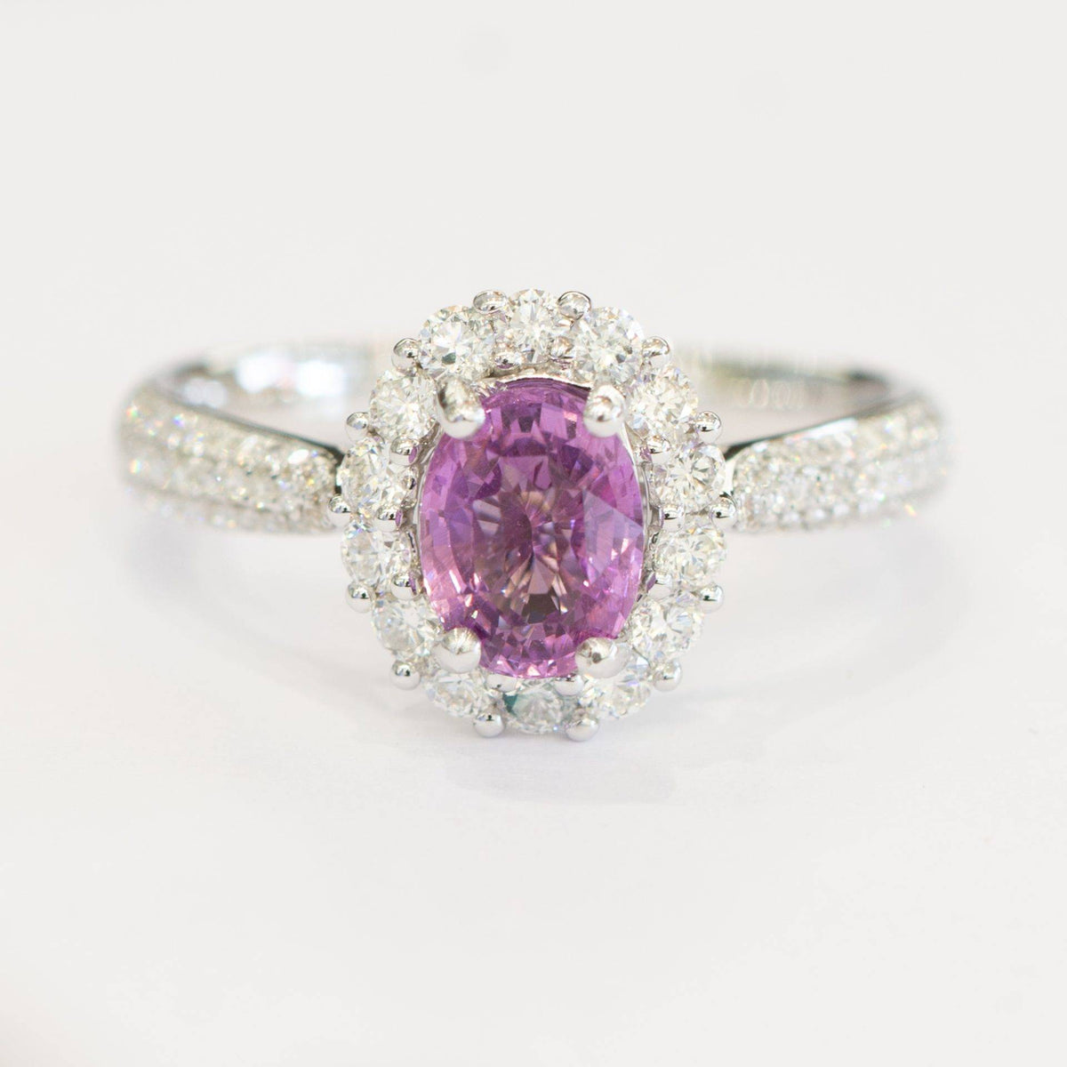 RRV: $8.950 Natural Pink Sapphire and 74 Diamond Halo Ring in 18K Gold