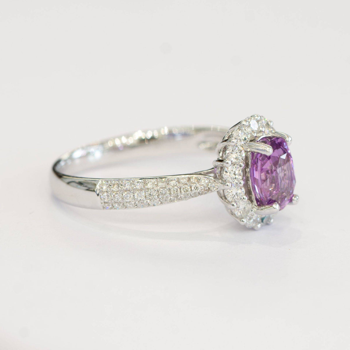 RRV: $8.950 Natural Pink Sapphire and 74 Diamond Halo Ring in 18K Gold