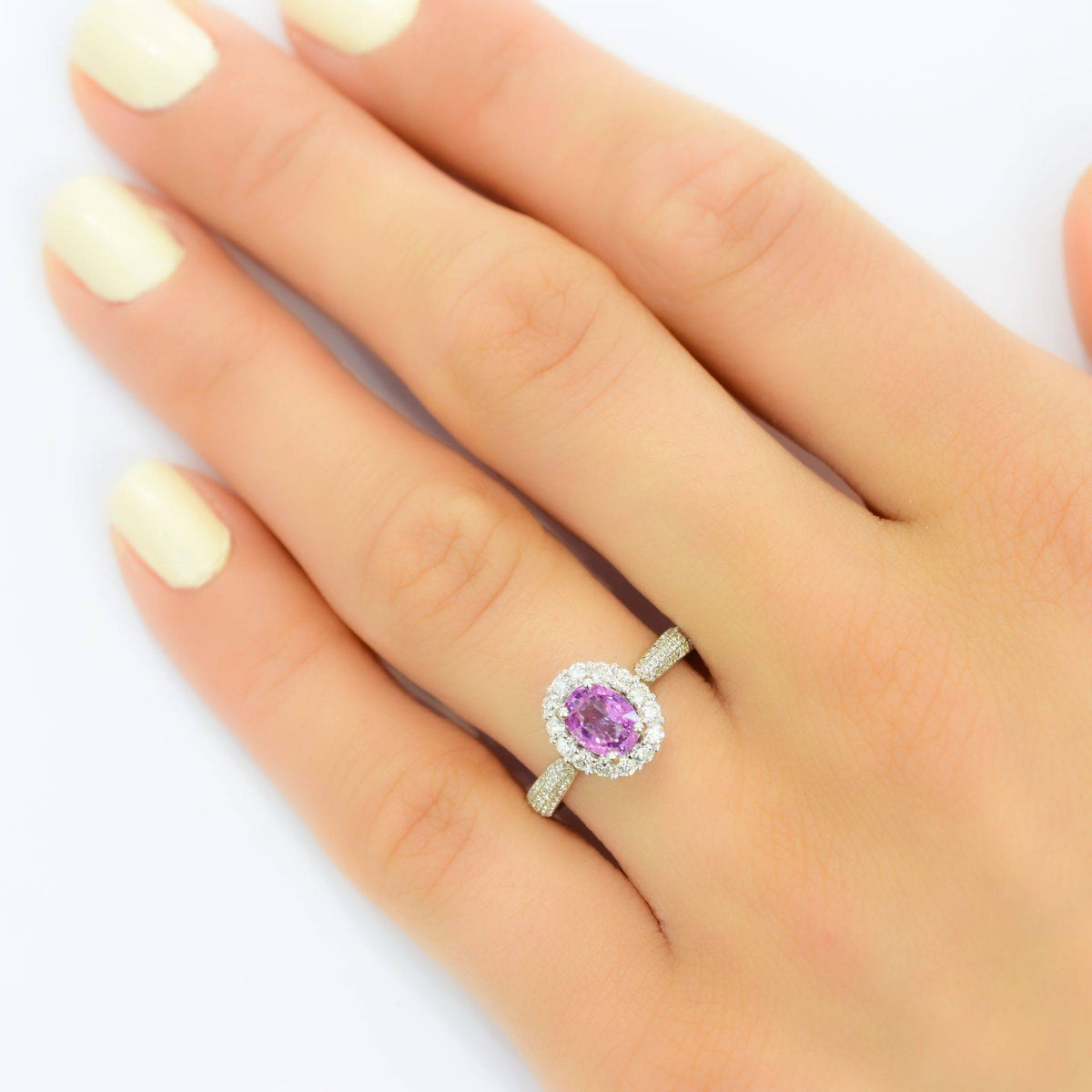 RRV: $8.950 Natural Pink Sapphire and 74 Diamond Halo Ring in 18K Gold