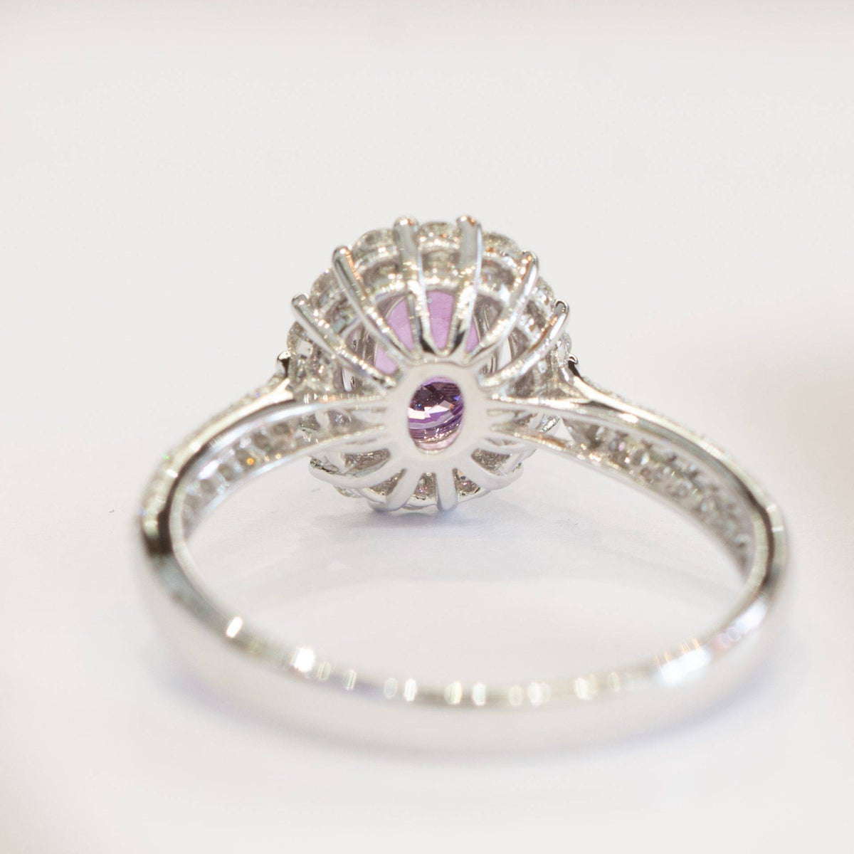 RRV: $8.950 Natural Pink Sapphire and 74 Diamond Halo Ring in 18K Gold