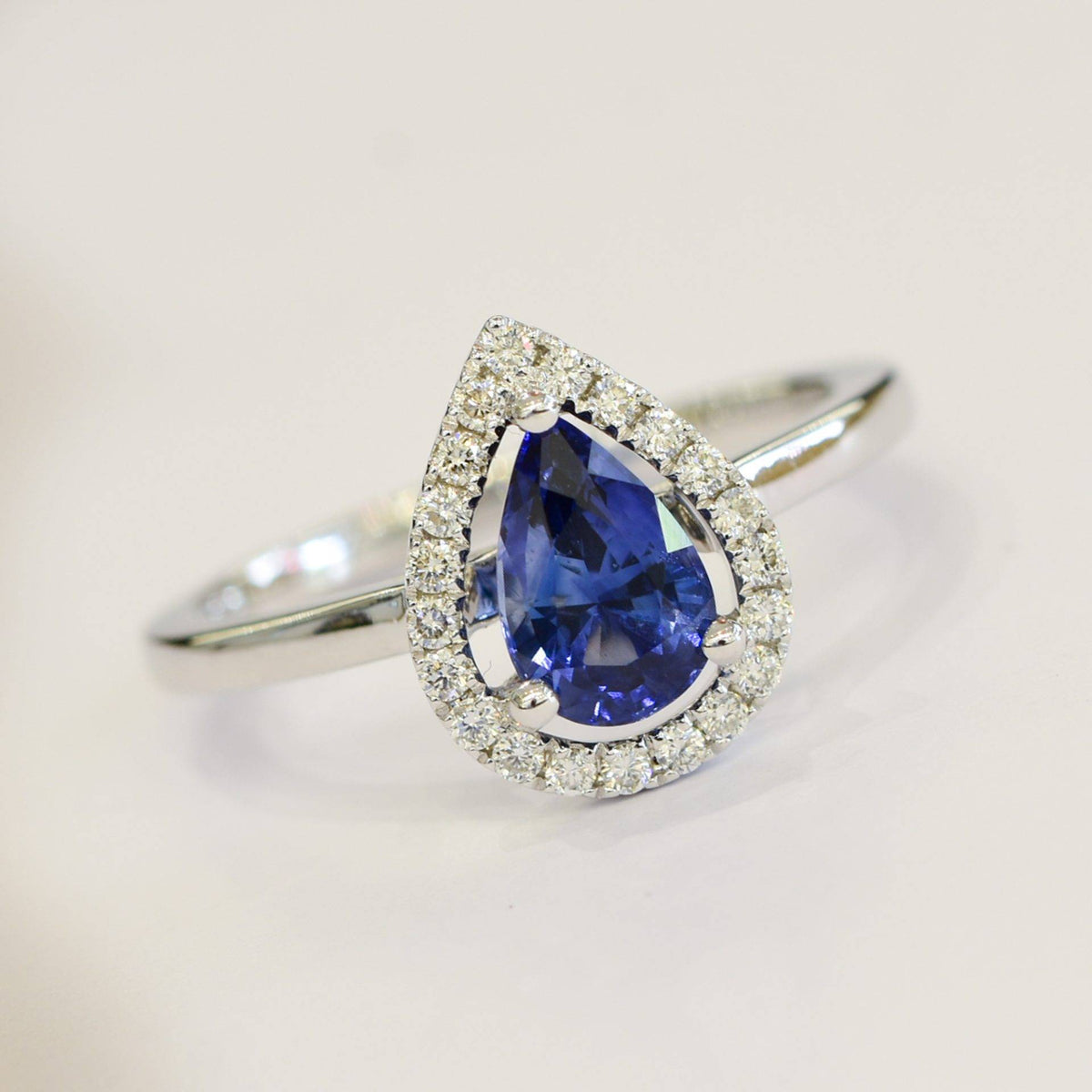 Pear Cut Natural Unheated Sapphire & Diamond Halo Ring 18K Gold