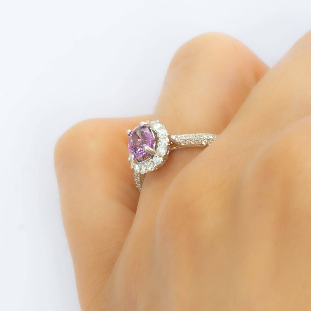 RRV: $8.950 Natural Pink Sapphire and 74 Diamond Halo Ring in 18K Gold