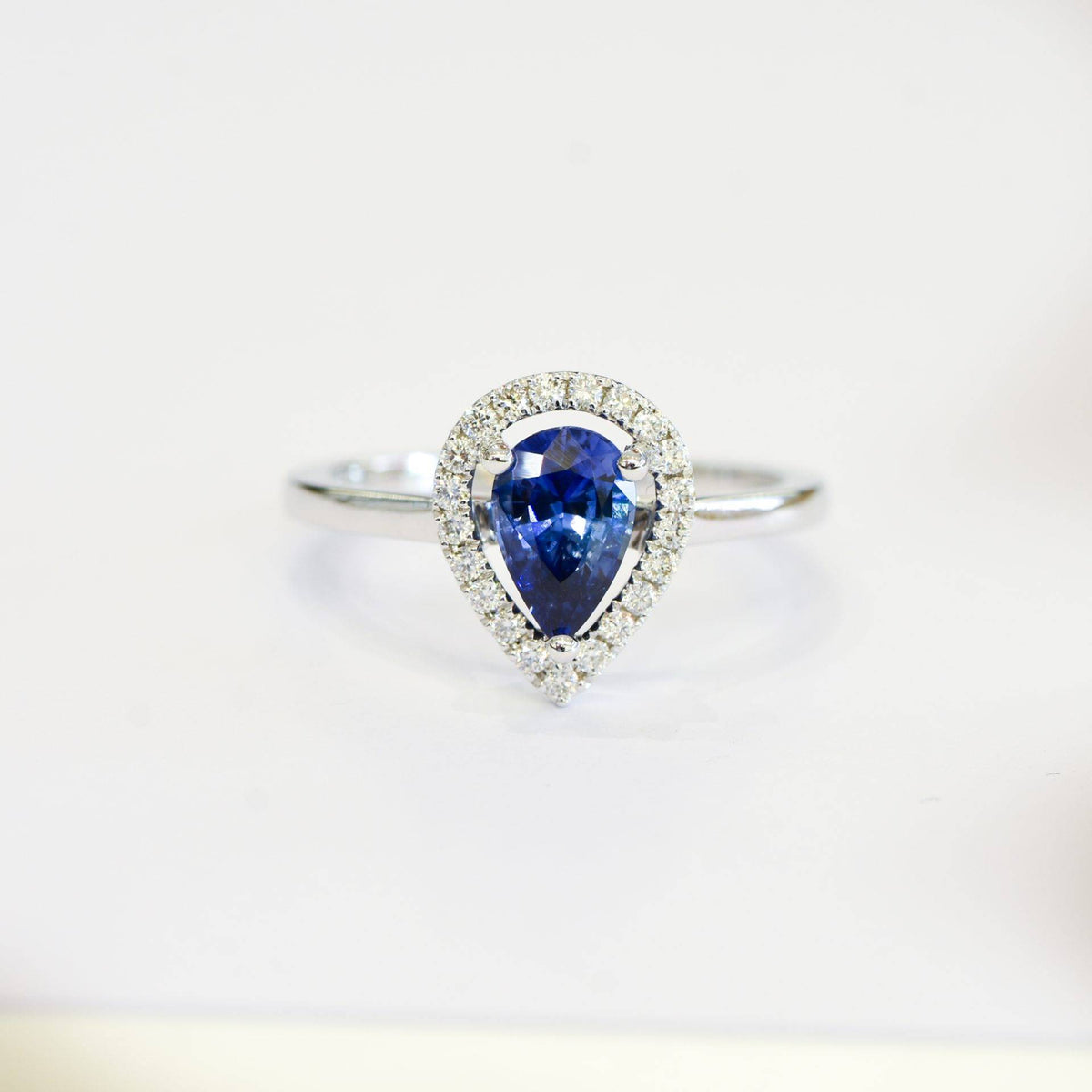 Pear Cut Natural Unheated Sapphire & Diamond Halo Ring 18K Gold