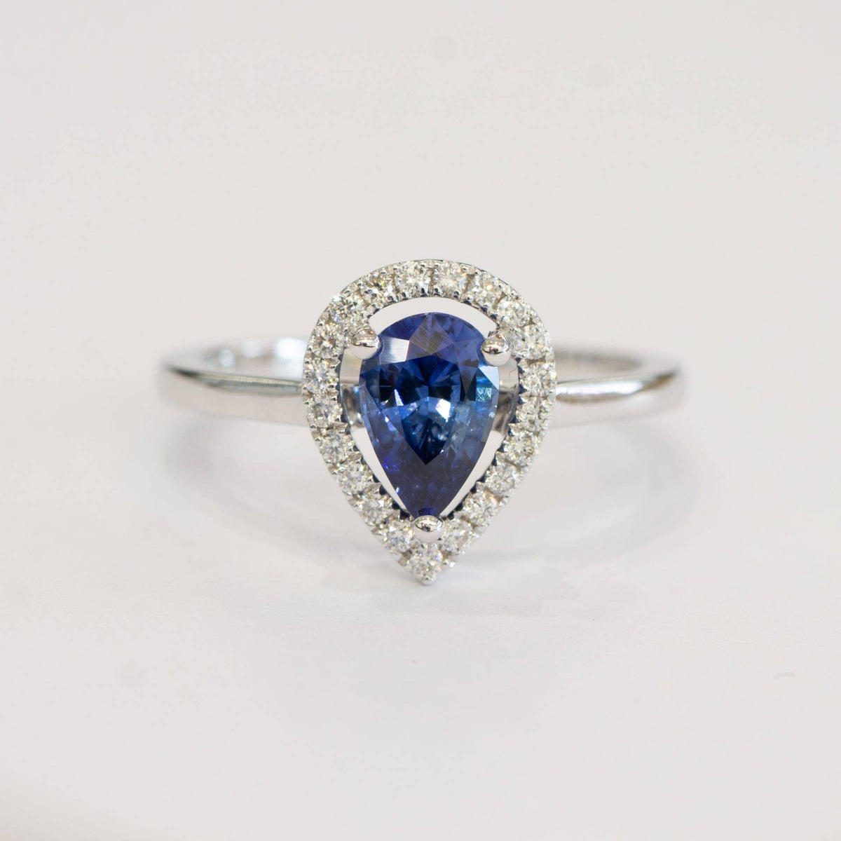 Pear Cut Natural Unheated Sapphire & Diamond Halo Ring 18K Gold
