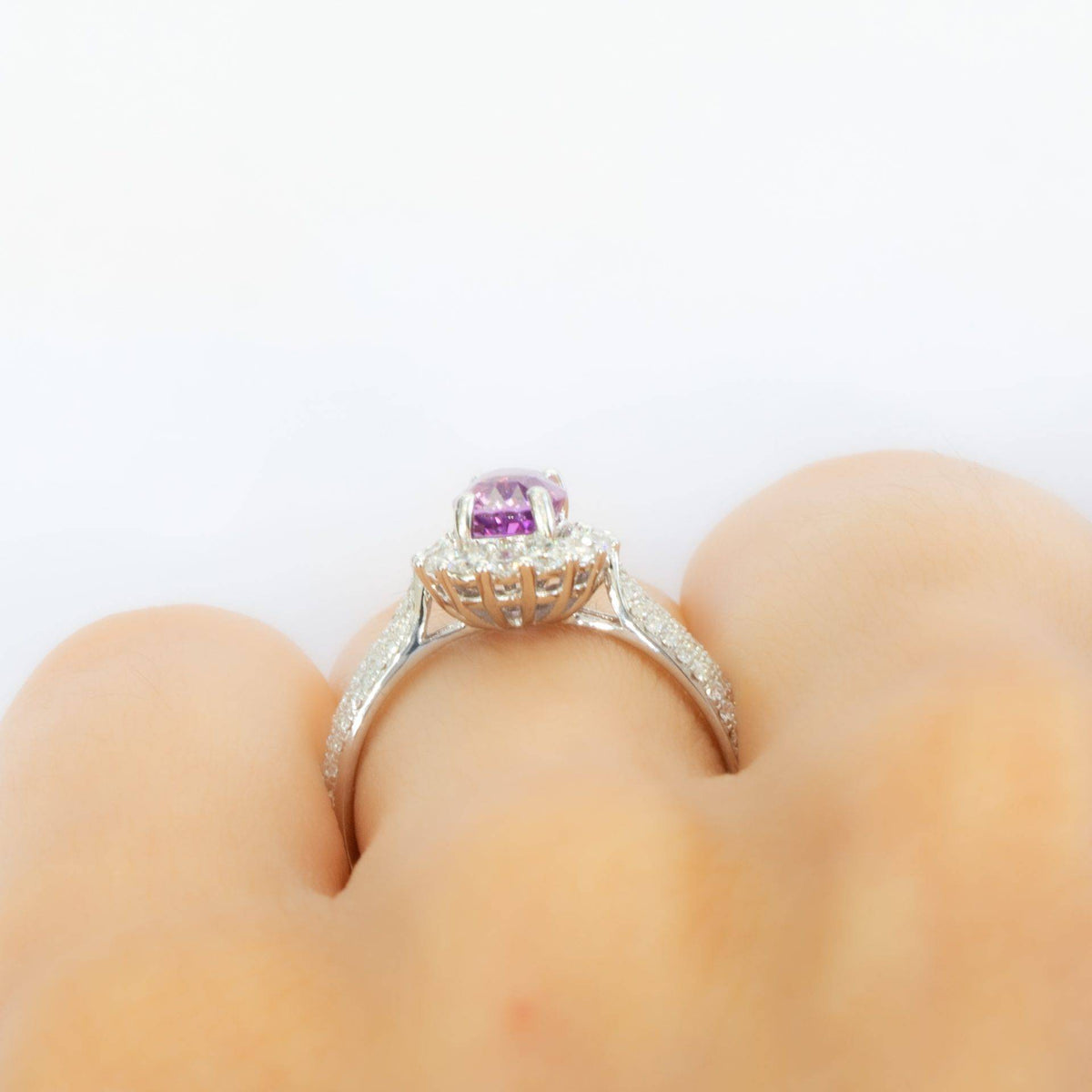 RRV: $8.950 Natural Pink Sapphire and 74 Diamond Halo Ring in 18K Gold