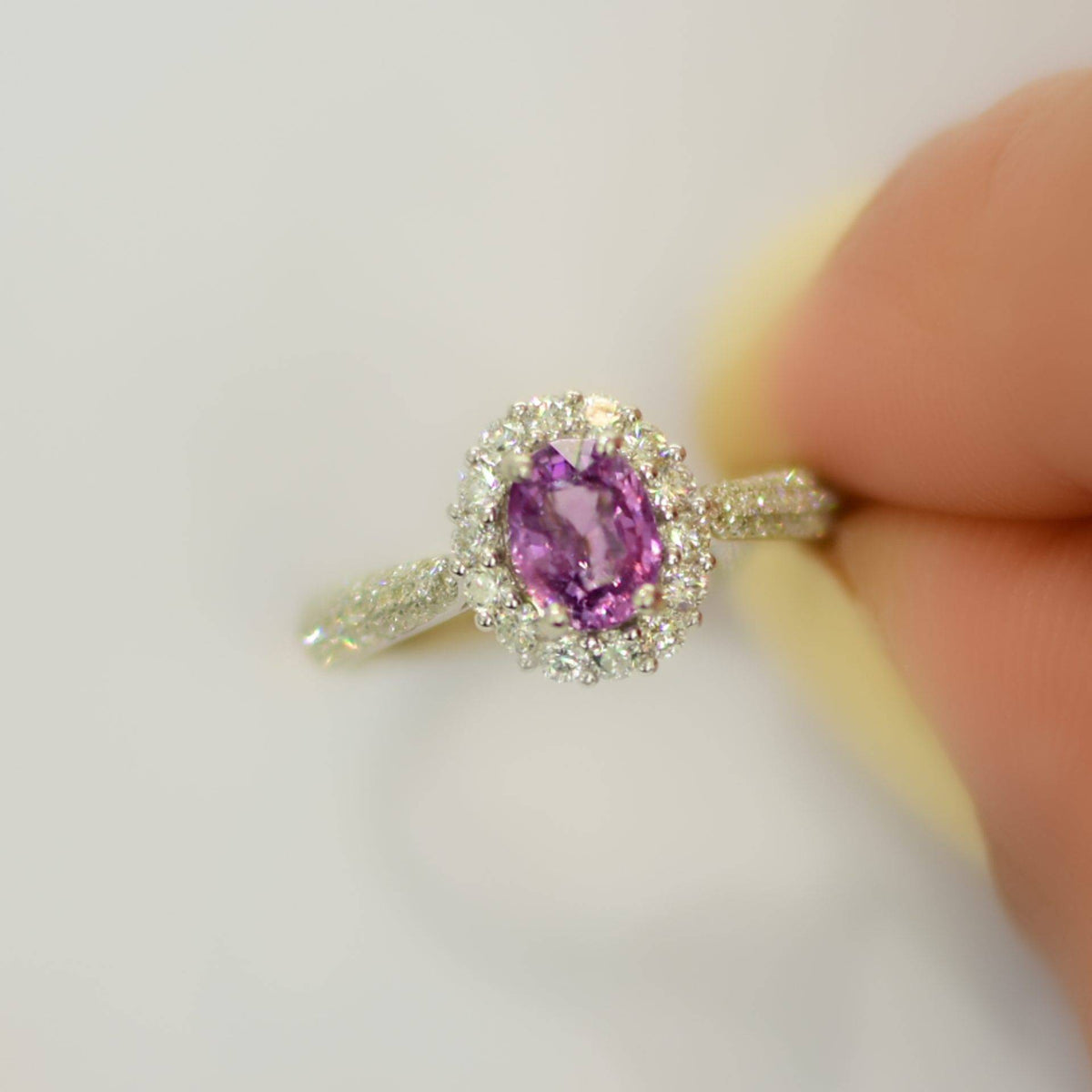 RRV: $8.950 Natural Pink Sapphire and 74 Diamond Halo Ring in 18K Gold