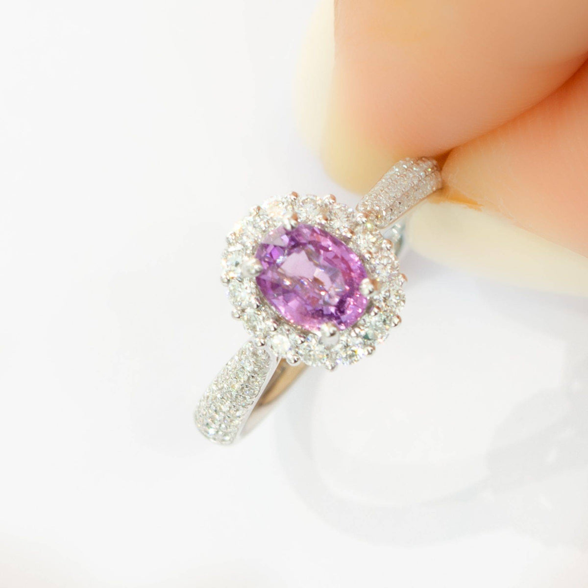 RRV: $8.950 Natural Pink Sapphire and 74 Diamond Halo Ring in 18K Gold