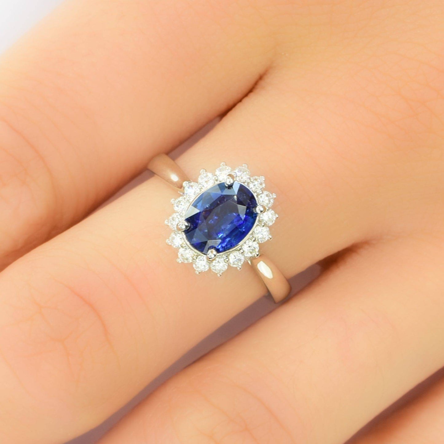 Royal Vivid Blue Sapphire & Diamond Ring 18k Gold Diana Inspired Design