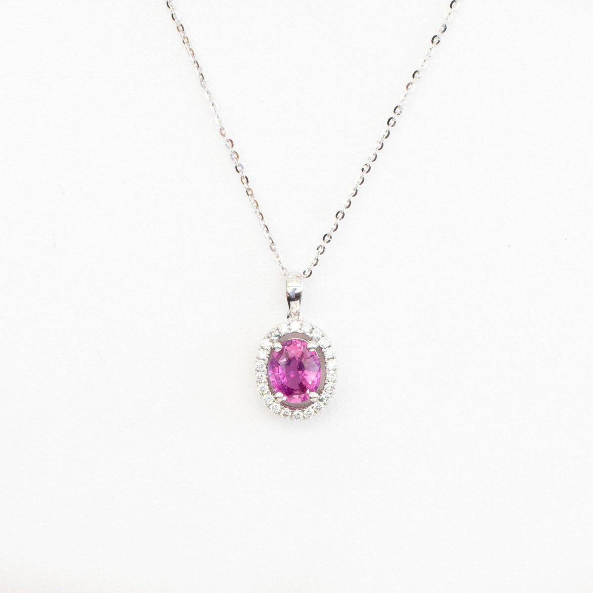 Natural Pink Sapphire and Diamonds Halo Pendant 18k Gold