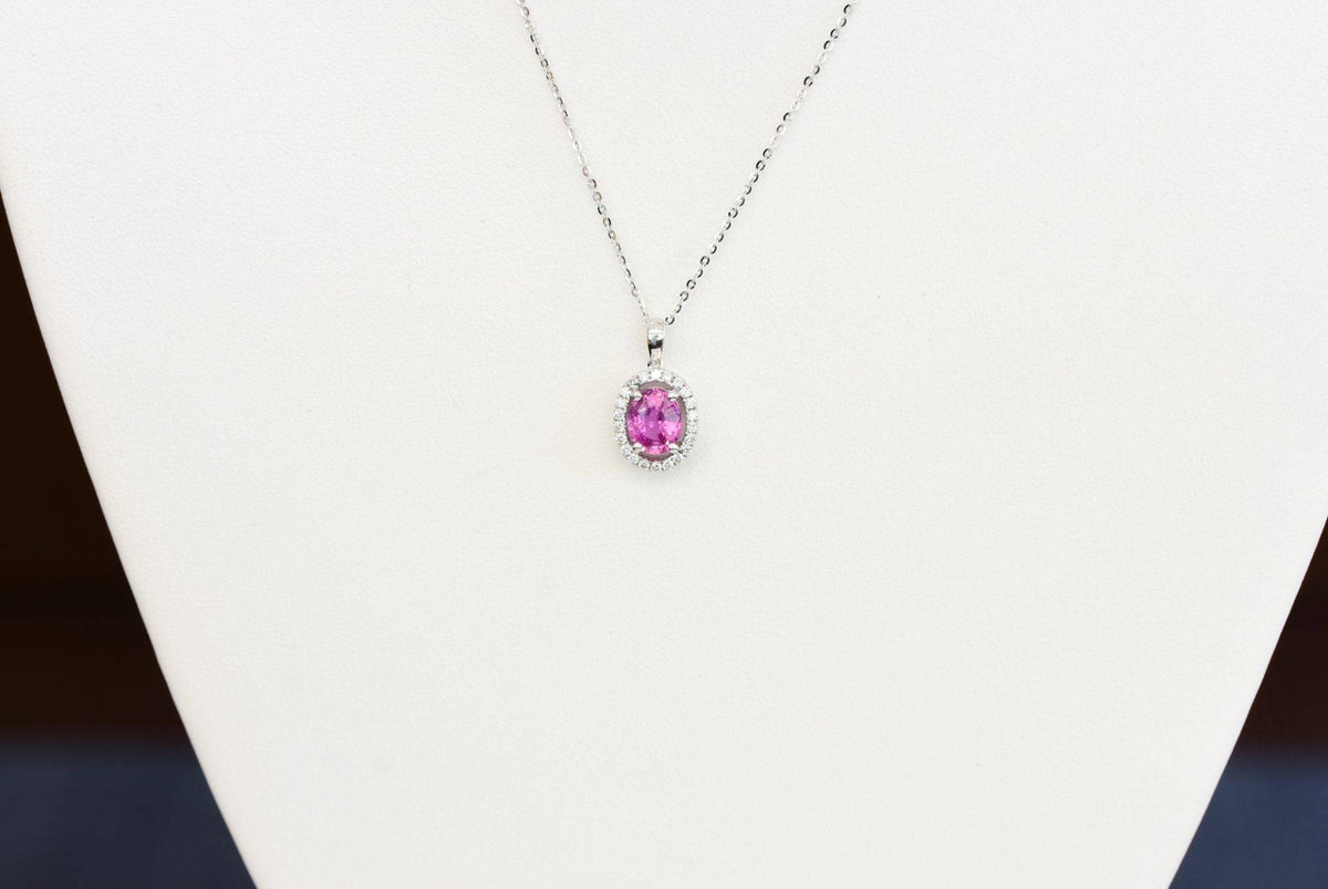 Natural Pink Sapphire and Diamonds Halo Pendant 18k Gold