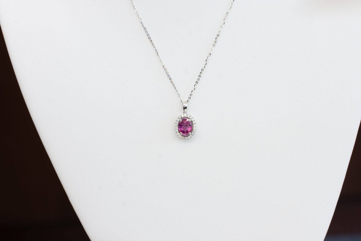 Natural Pink Sapphire and Diamonds Halo Pendant 18k Gold