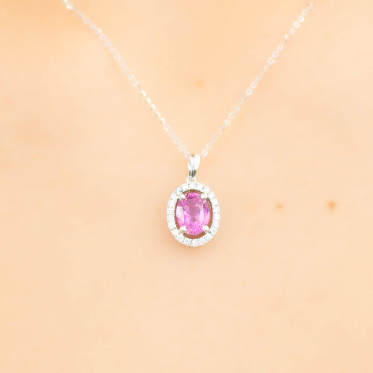 Natural Pink Sapphire and Diamonds Halo Pendant 18k Gold