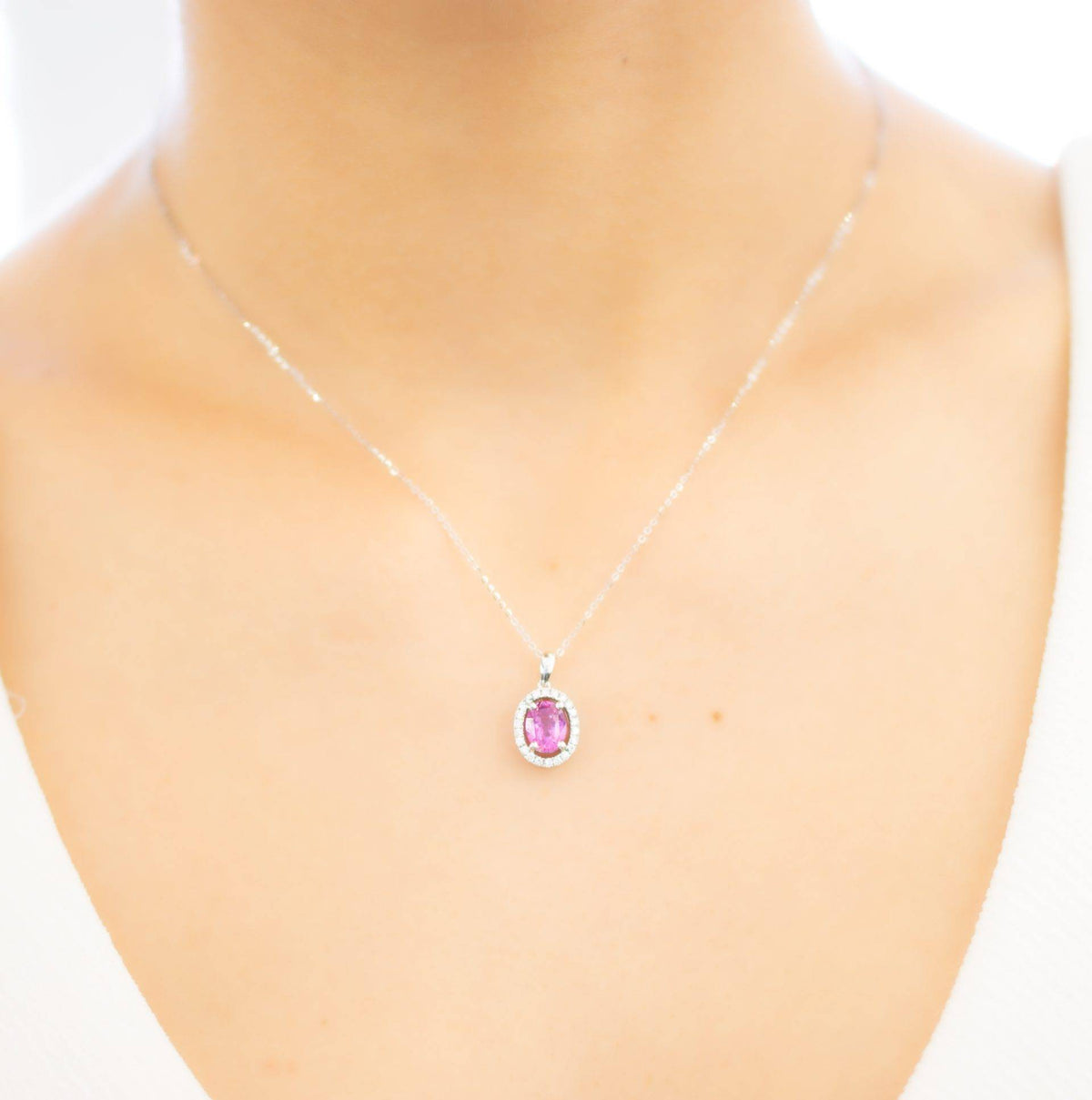 Natural Pink Sapphire and Diamonds Halo Pendant 18k Gold