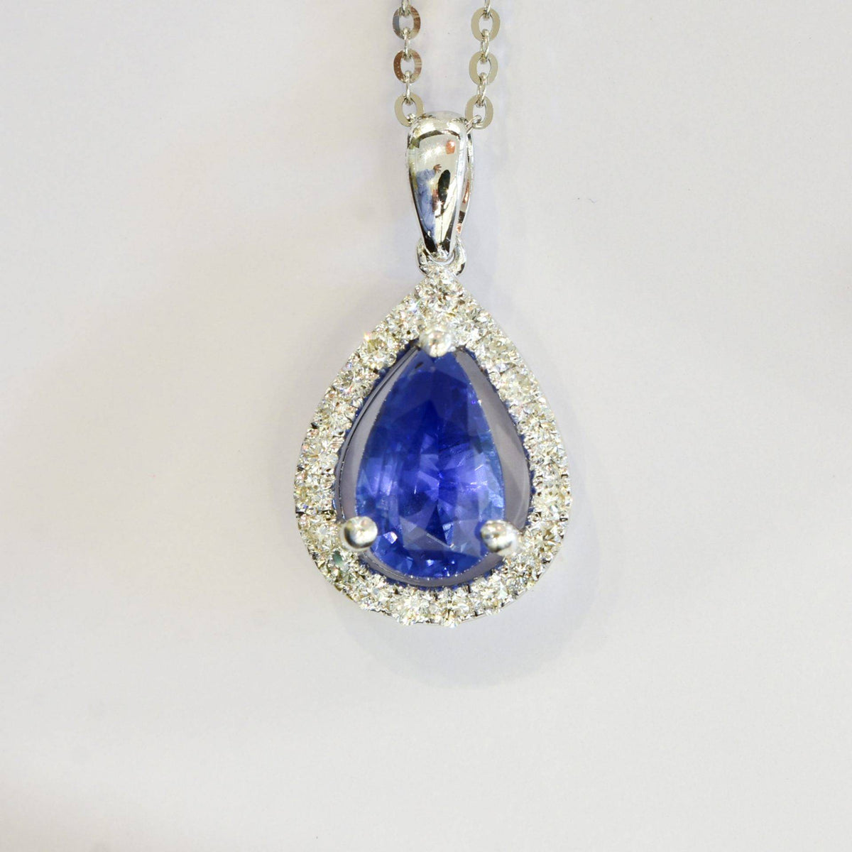 Pear Shaped Sapphire Diamond Halo Pendant 18k White Gold