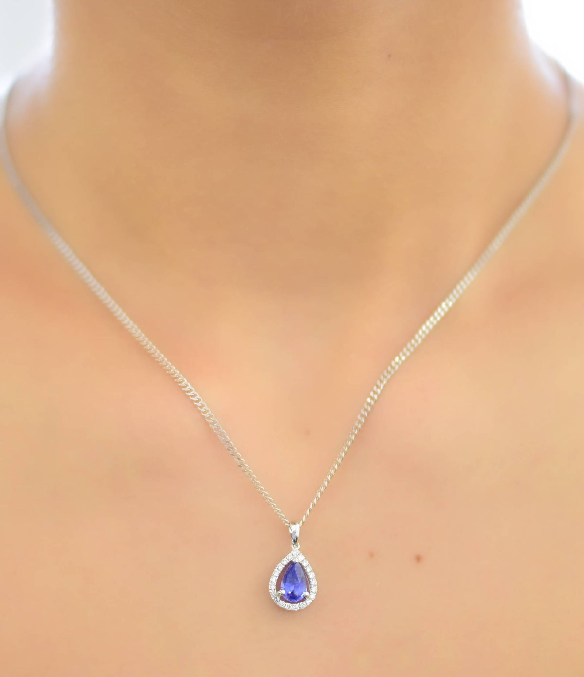 Pear Shaped Sapphire Diamond Halo Pendant 18k White Gold