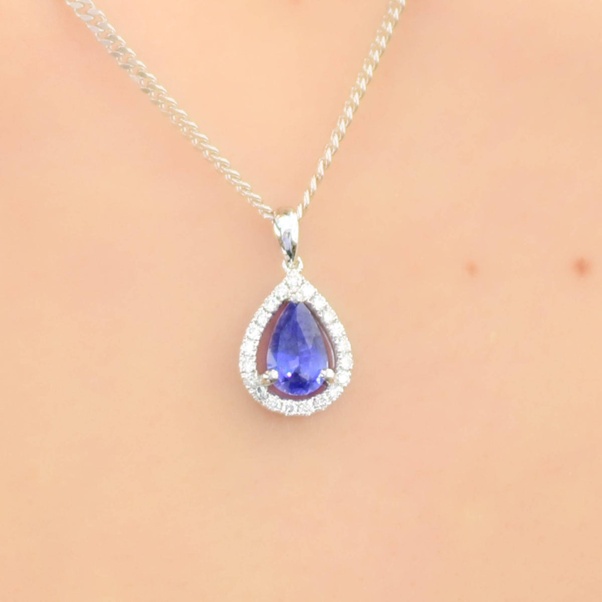 Pear Shaped Sapphire Diamond Halo Pendant 18k White Gold