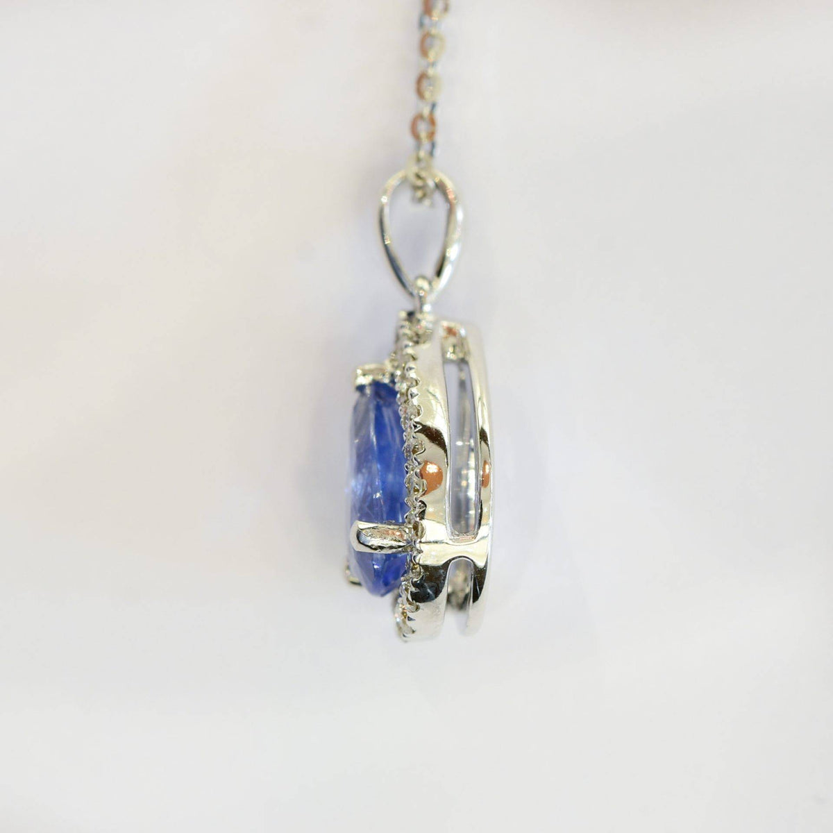 Pear Shaped Sapphire Diamond Halo Pendant 18k White Gold