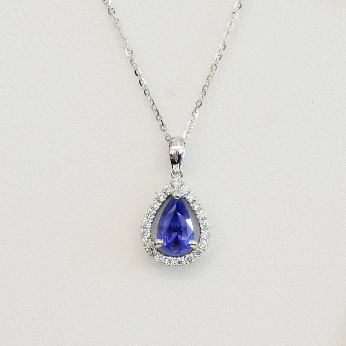Pear Shaped Sapphire Diamond Halo Pendant 18k White Gold