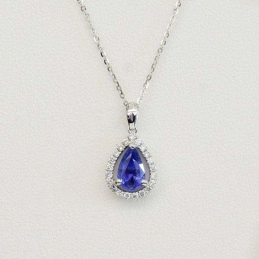 Pear Shaped Sapphire Diamond Halo Pendant 18k White Gold
