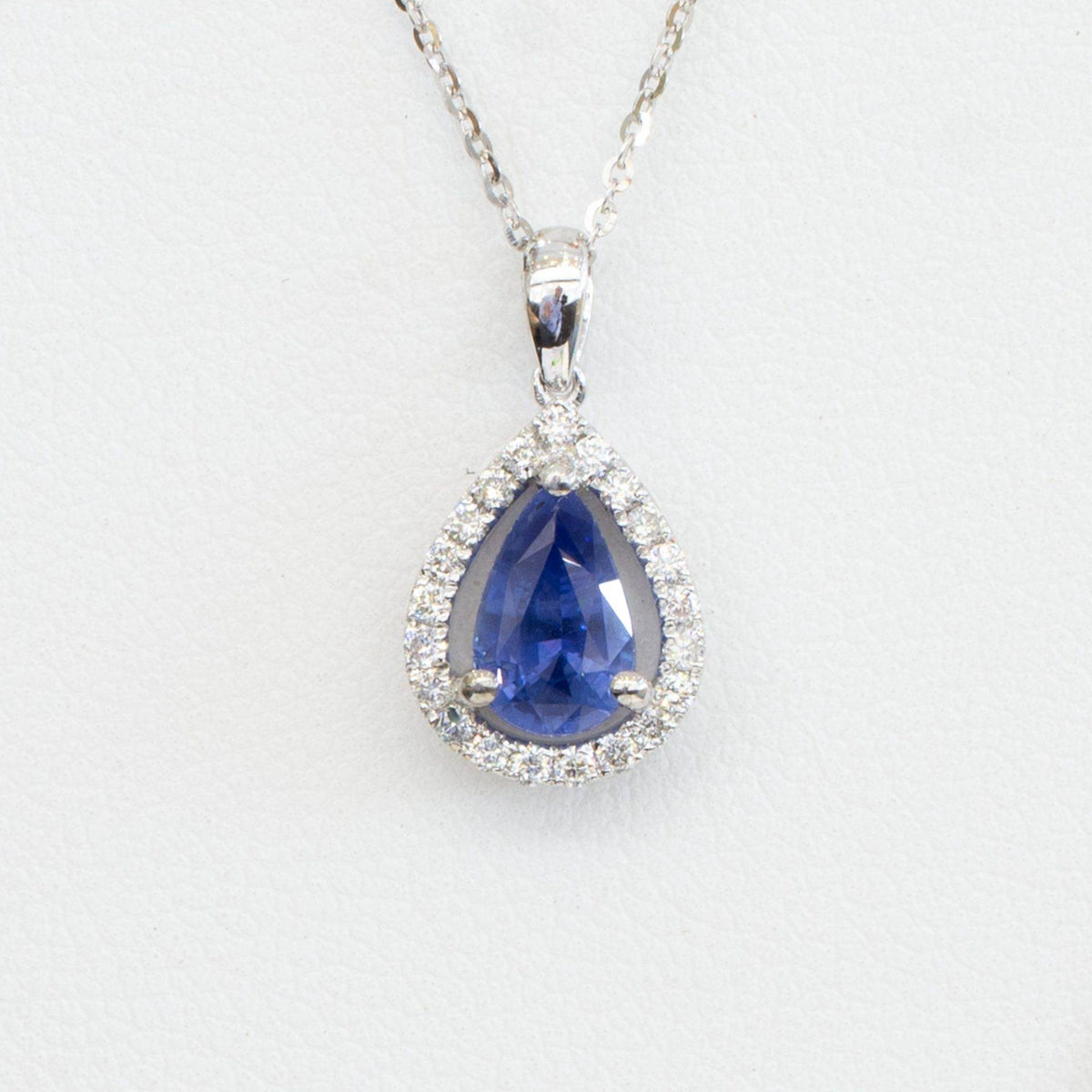 Pear Shaped Sapphire Diamond Halo Pendant 18k White Gold