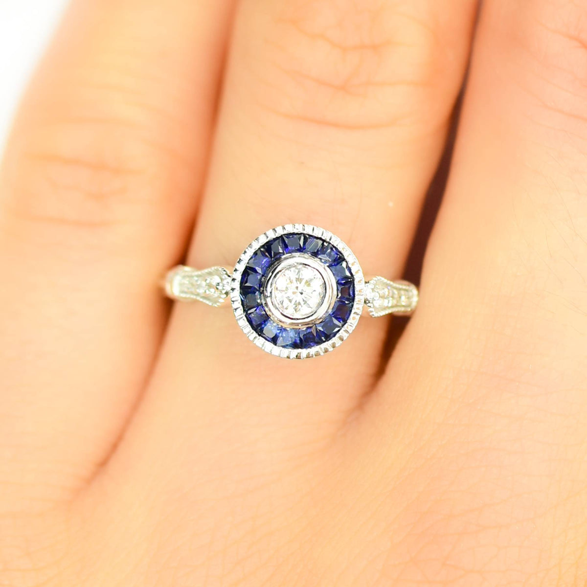 Diamond Ring with Sapphire Halo in 18K Gold