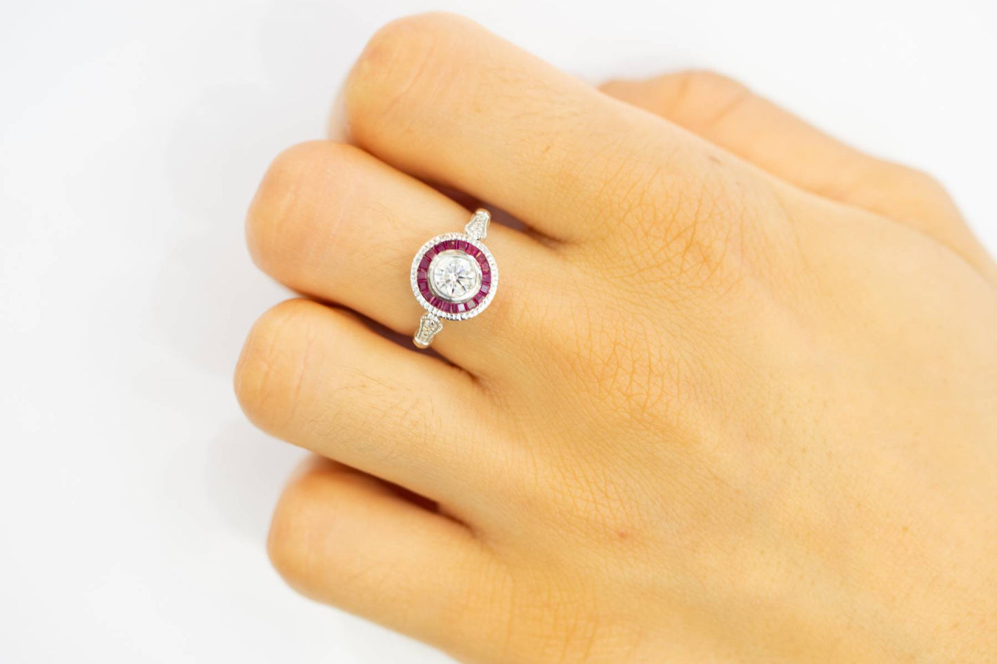 0.50ct Diamond Ring with Ruby Halo in 18K Gold