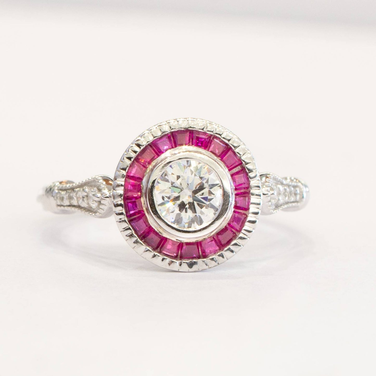 0.50ct Diamond Ring with Ruby Halo in 18K Gold