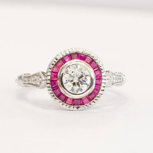 0.50ct Diamond Ring with Ruby Halo in 18K Gold