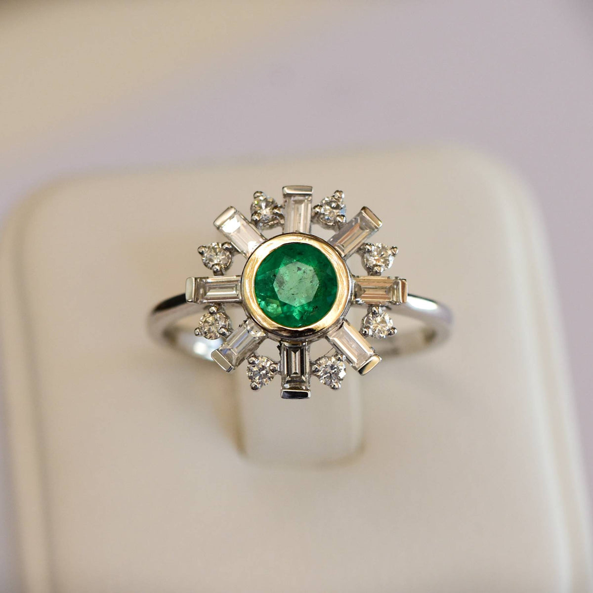 Art Deco Diamond and Colombian Emerald Halo Ring