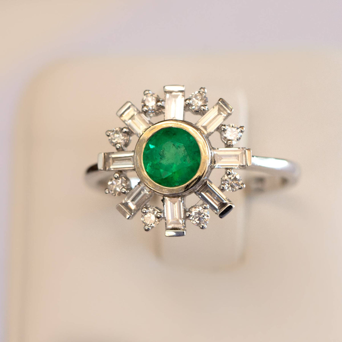 Art Deco Diamond and Colombian Emerald Halo Ring