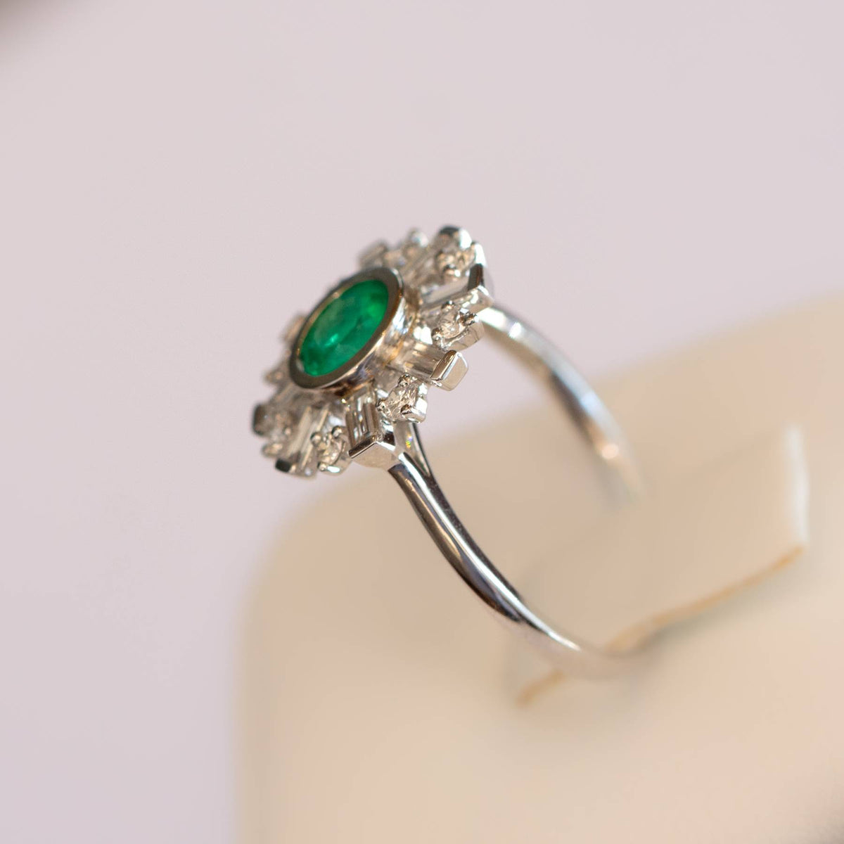 Art Deco Diamond and Colombian Emerald Halo Ring