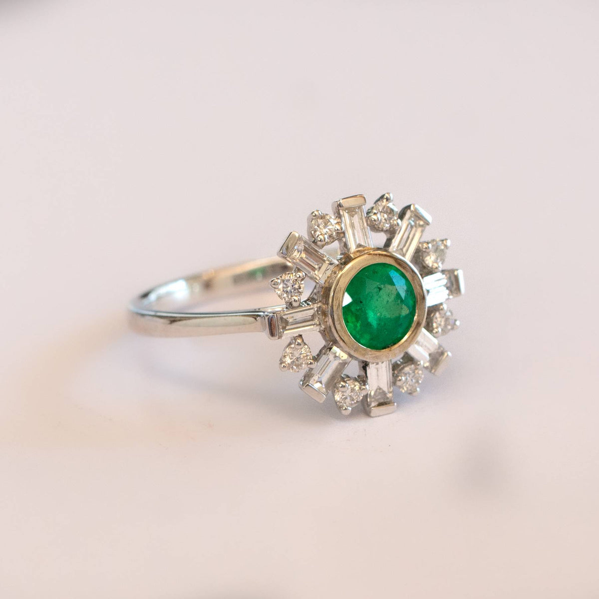 Art Deco Diamond and Colombian Emerald Halo Ring