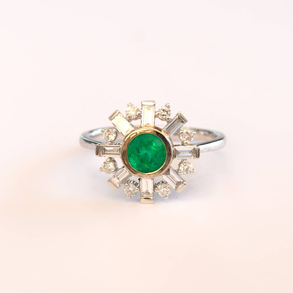 Art Deco Diamond and Colombian Emerald Halo Ring