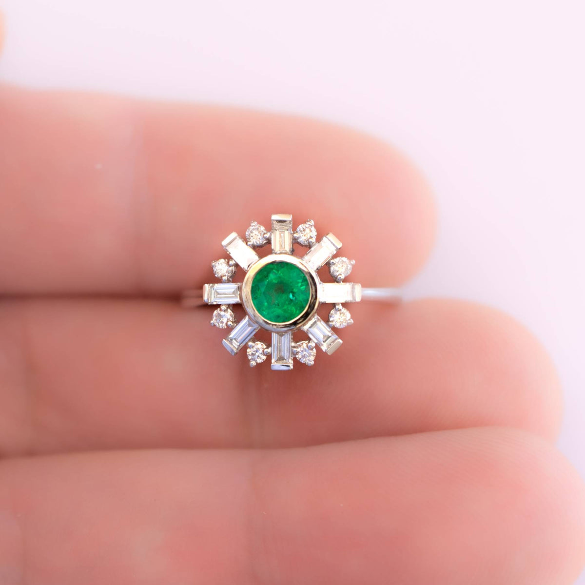 Art Deco Diamond and Colombian Emerald Halo Ring
