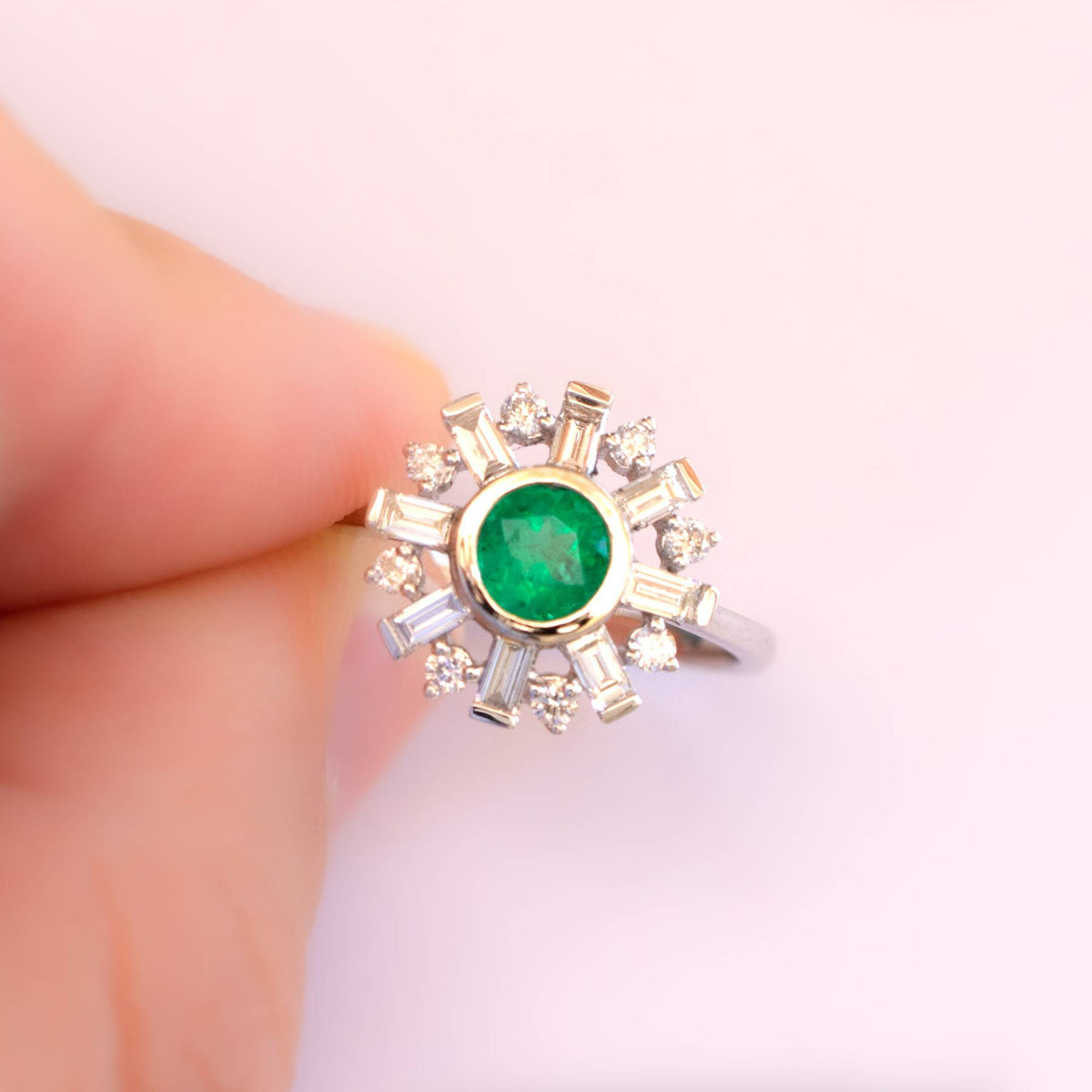 Art Deco Diamond and Colombian Emerald Halo Ring