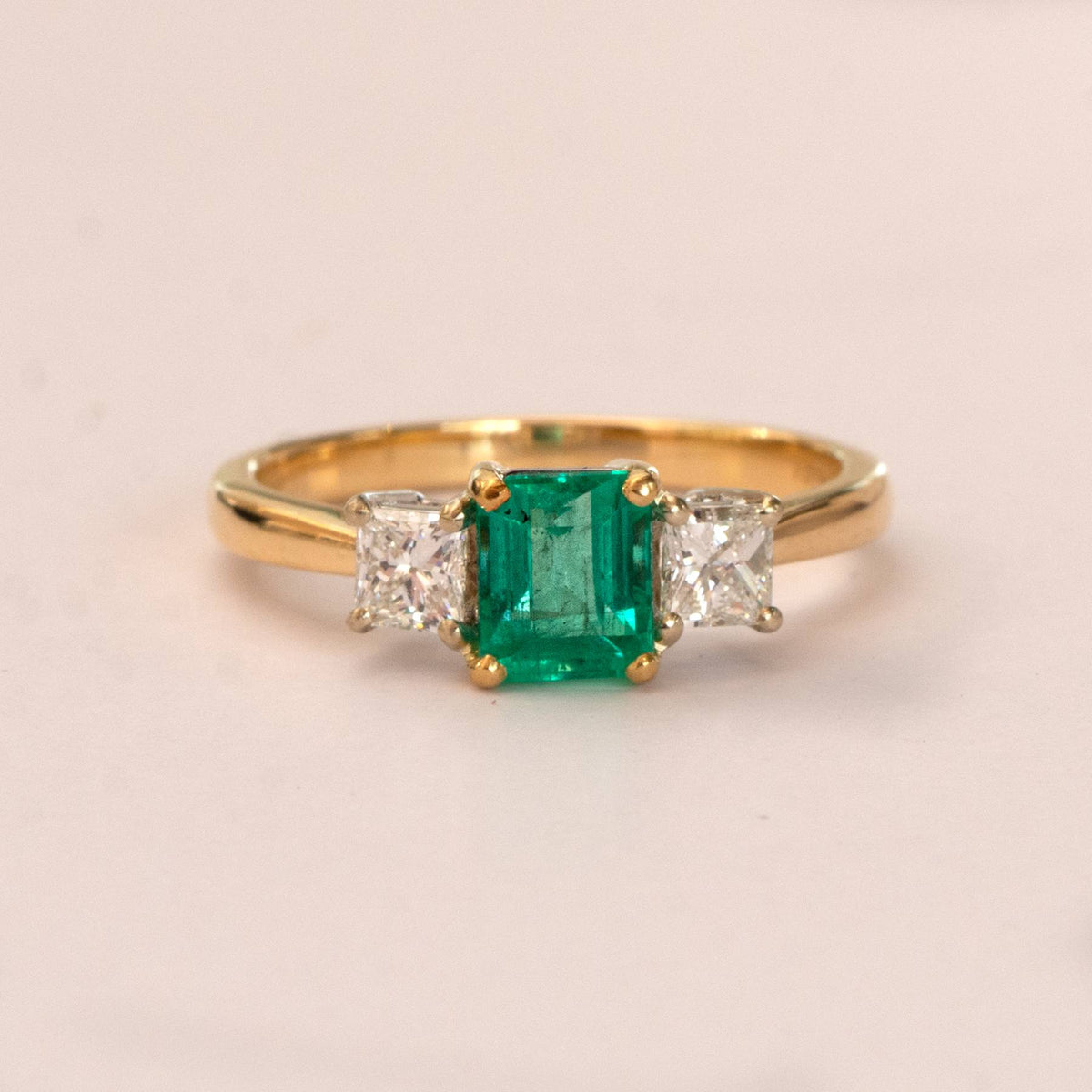 Natural Colombian Emerald and Diamond Three Stone Ring in 18K Gold
