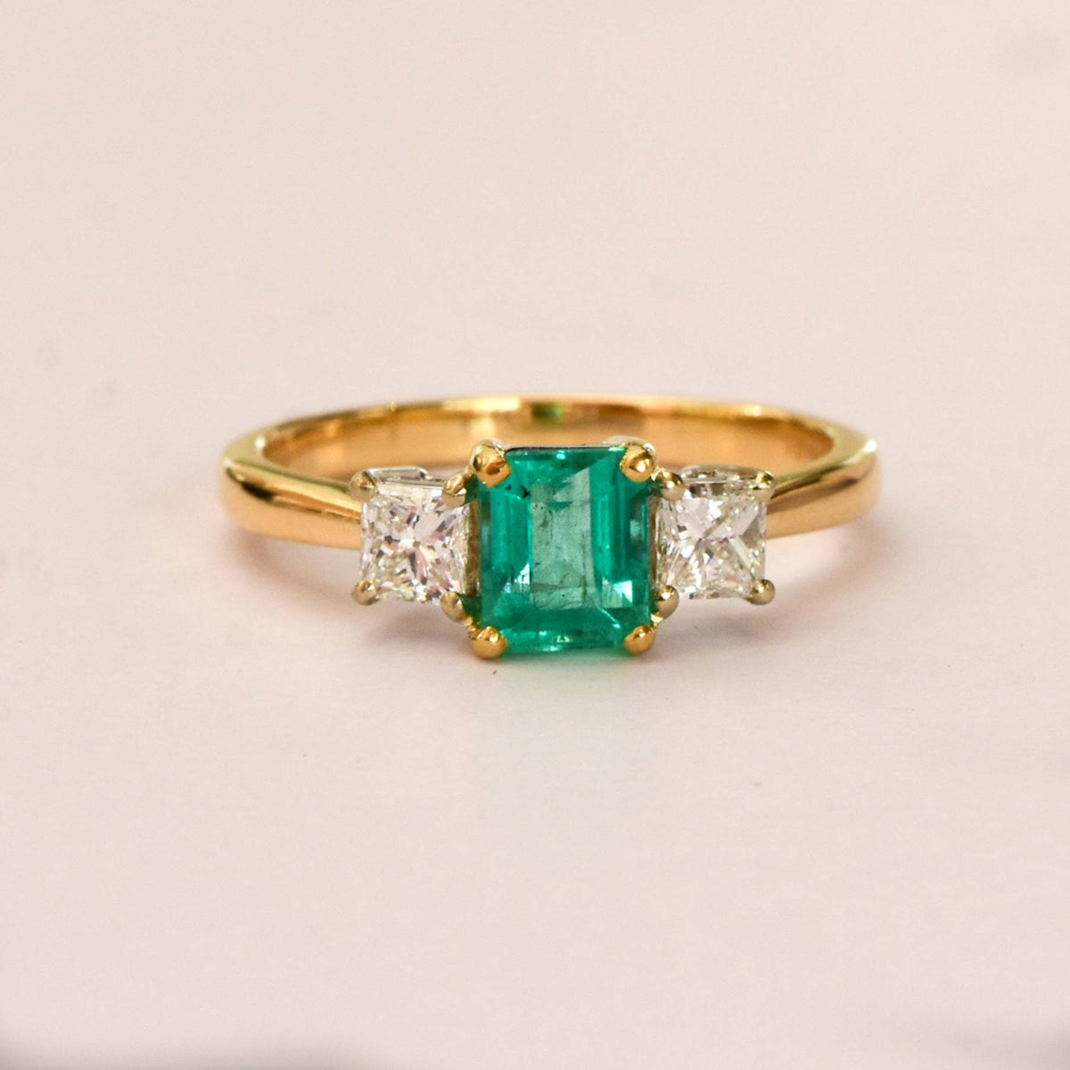 Natural Colombian Emerald and Diamond Three Stone Ring in 18K Gold