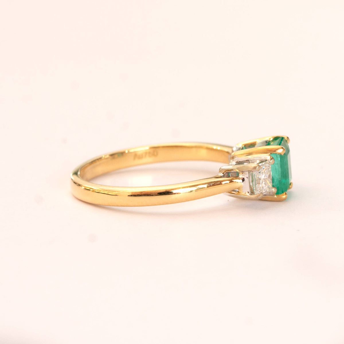 Natural Colombian Emerald and Diamond Three Stone Ring in 18K Gold