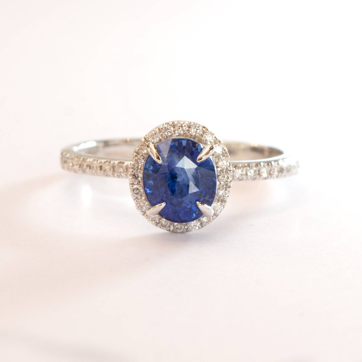 Unheated 1.85ct Ceylon Sapphire and Diamond Halo Ring in 18k White Gold