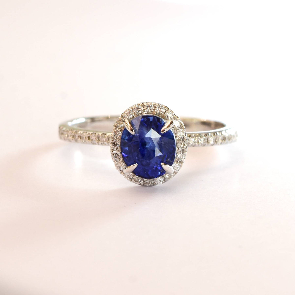 Unheated 1.85ct Ceylon Sapphire and Diamond Halo Ring in 18k White Gold